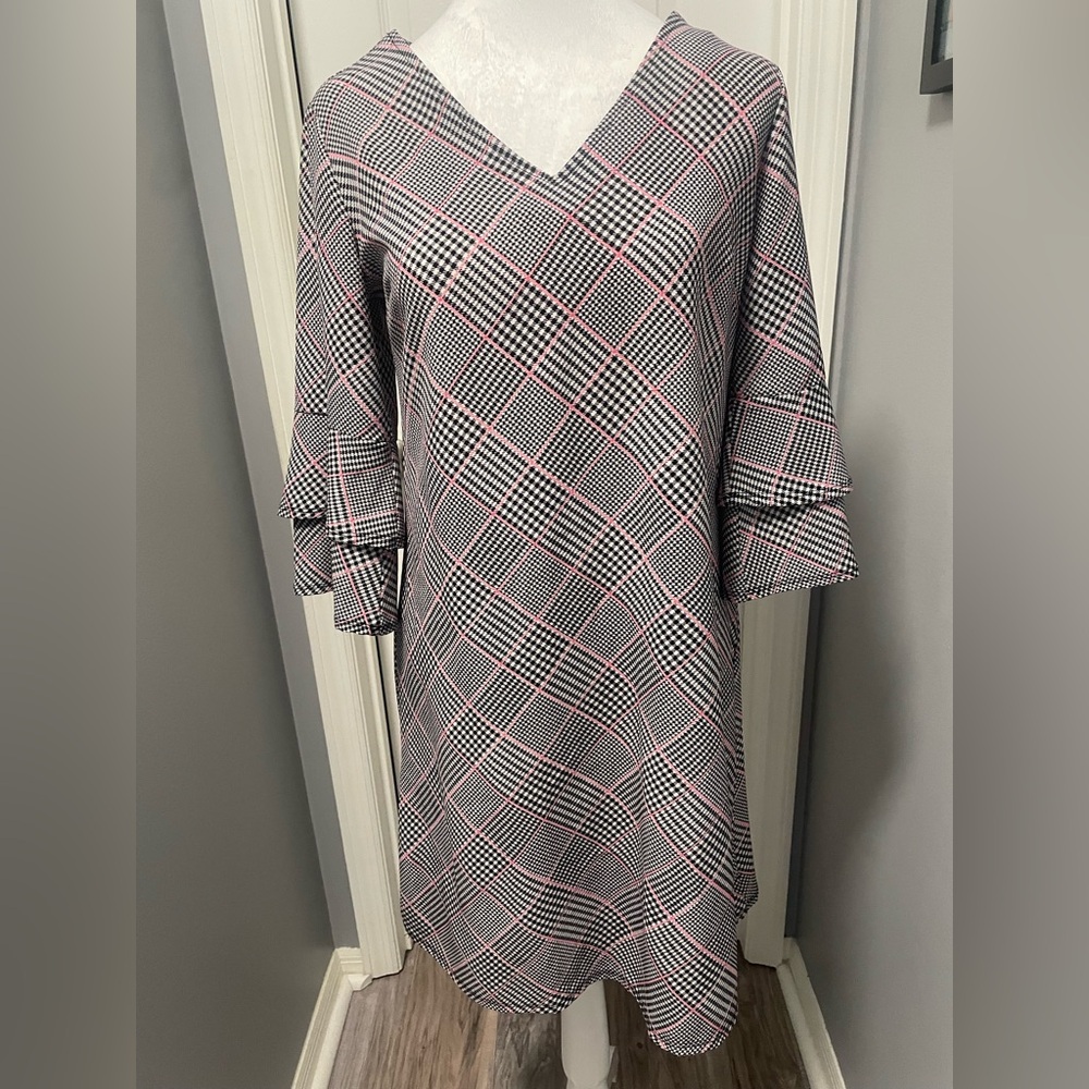 Dior Black, White, & Pink Plaid 3/4 Sleeve Dress (XS)